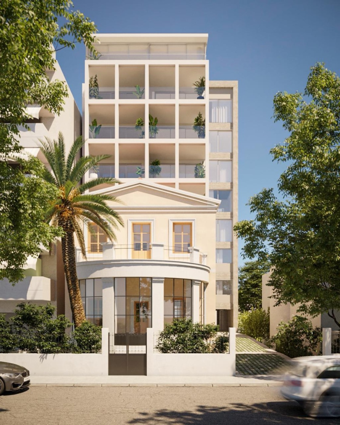 N. Faliro Residences, הדמיית חזית: וילה נאוקלאסית משוחזרת ומעליה קומות מגורים חדשות