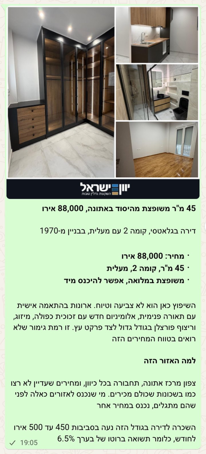 הודעה אמיתית מקבוצת המועדון: דירה משופצת בת 45 מטר באתונה, 88,000 אירו